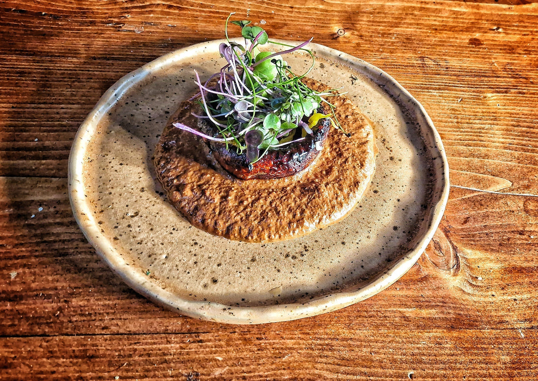 Smokey chipotle portobello mushroom on a bed of cacao mole sauce topped with microgreens