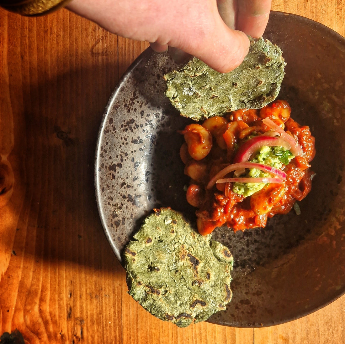Cacao Harissa Butter Beans with Homemade Spirulina Corn Tortillas