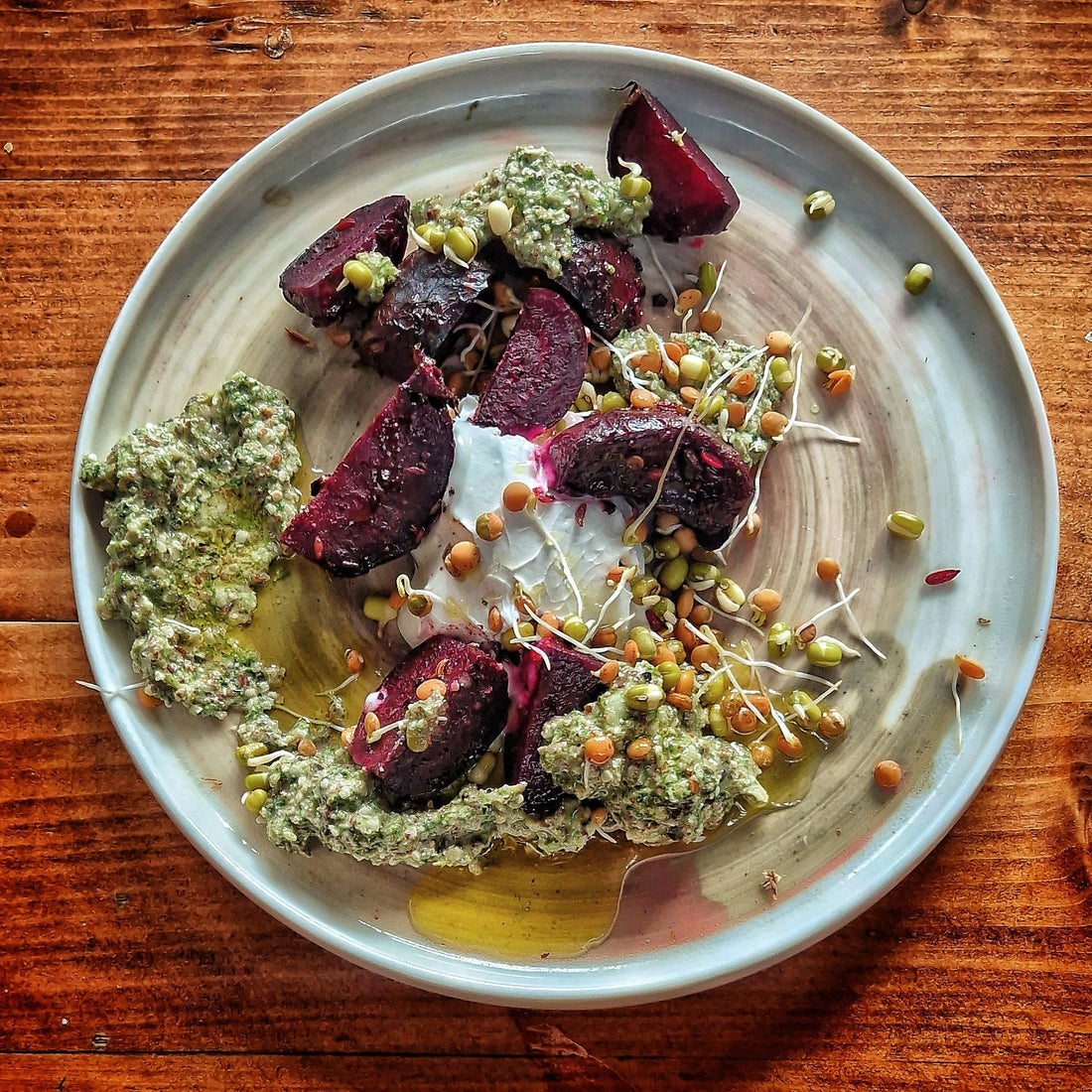 Cacao Salt Baked Beetroot with Cultured Cashew Cream and Nettle-Pumpkin Seed Pesto